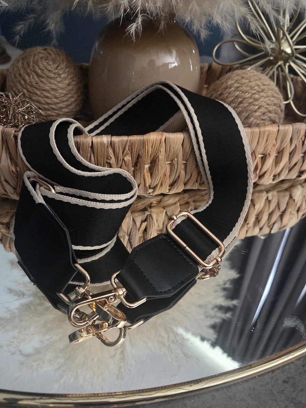 Black & Cream Guitar Style Purse Strap Gold Hardware Adjustable Crossbody Strap